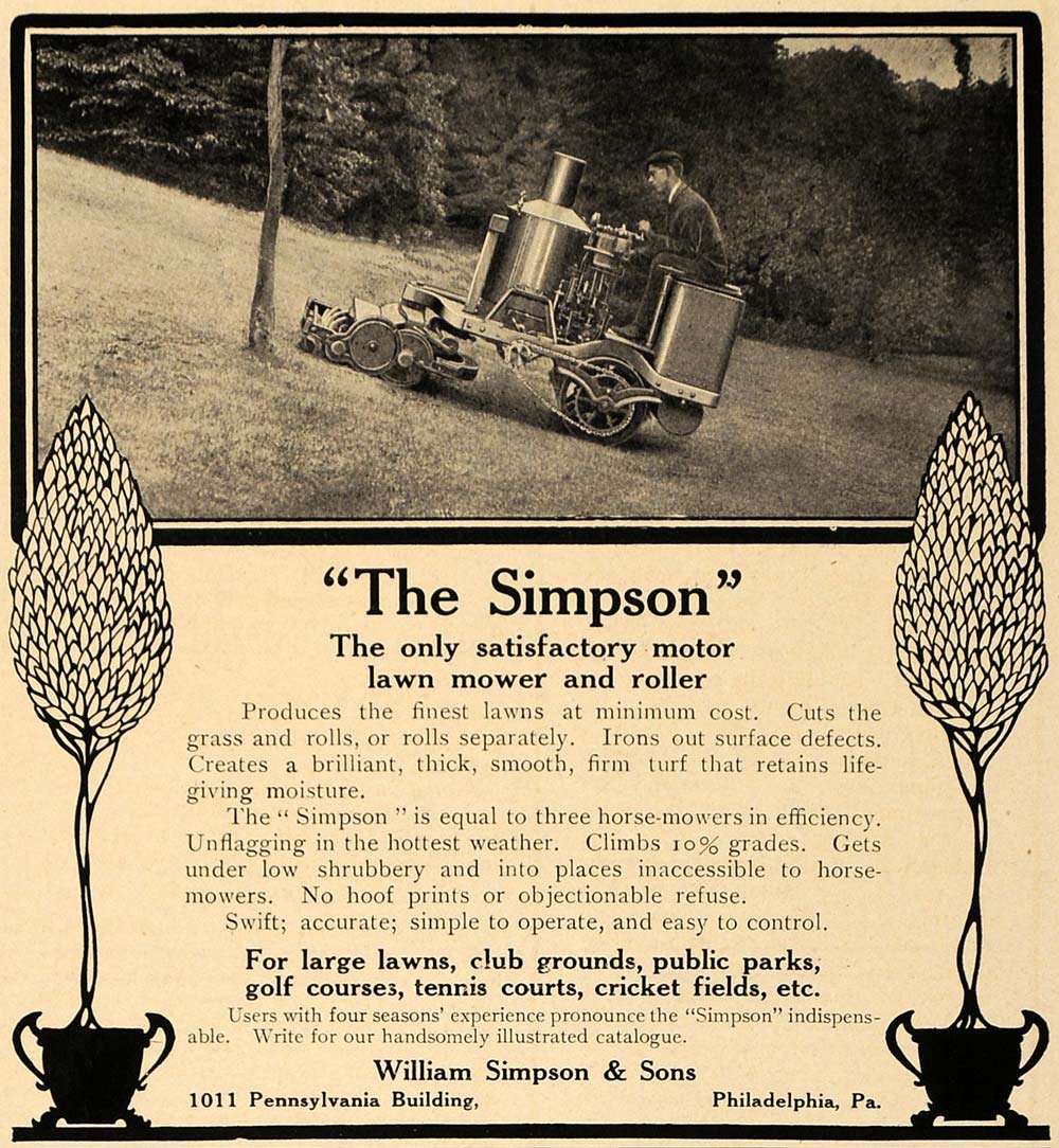 1907 Ad William Simpson & Sons Motor Lawn Mower Roller - ORIGINAL CL9