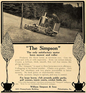 1907 Ad William Simpson & Sons Motor Lawn Mower Roller - ORIGINAL CL9