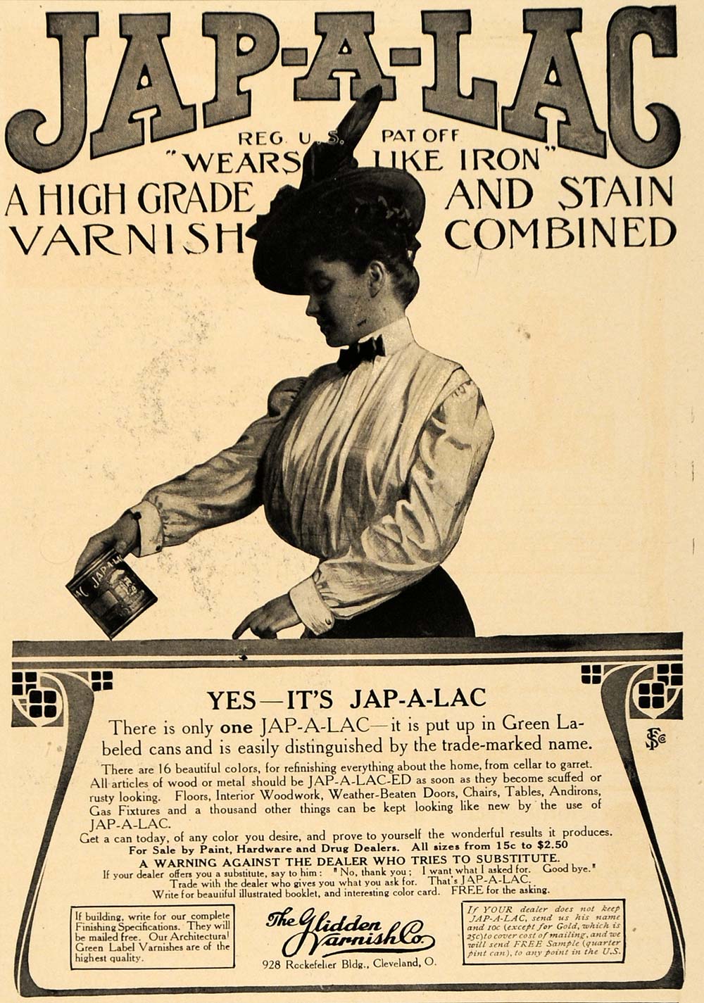 1907 Ad Glidden Varnish Jap-A-Lac Coating Vintage Hat - ORIGINAL ADVERTISING CL9