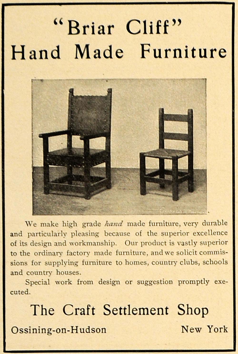 1906 Ad Craft Settlement Shop Hand Made Furniture Chair - ORIGINAL CL9