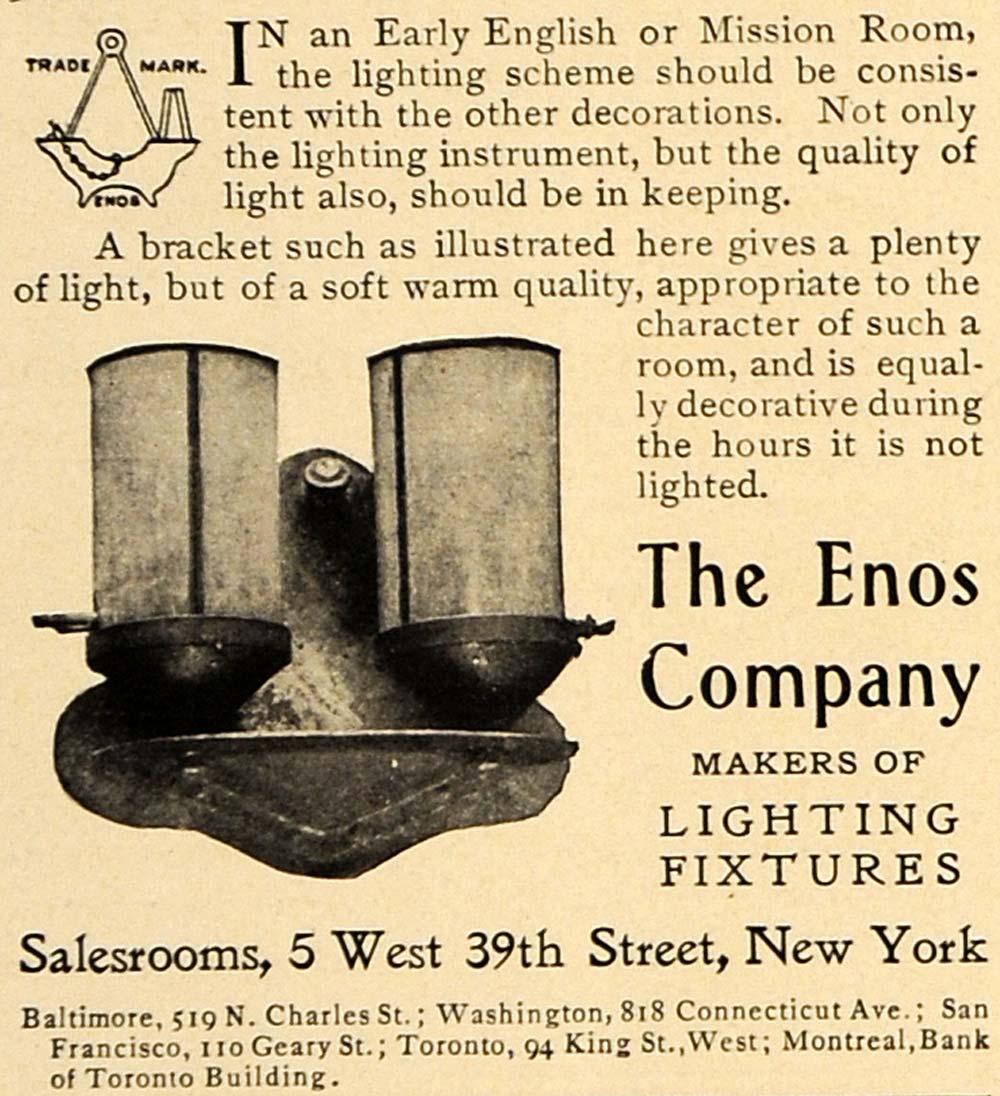 1906 Ad Enos Lighting Fixtures Wall Lamps Antiques - ORIGINAL ADVERTISING CL9
