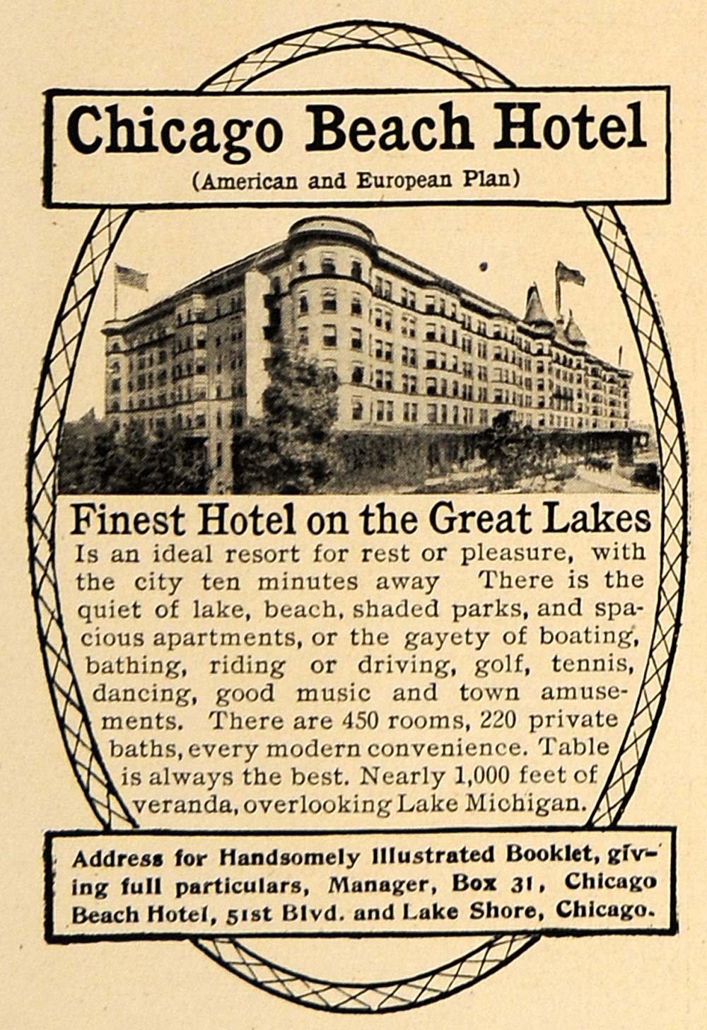 1906 Ad Chicago Beach Hotel Luxury Lodging Chicago Trip - ORIGINAL CL9
