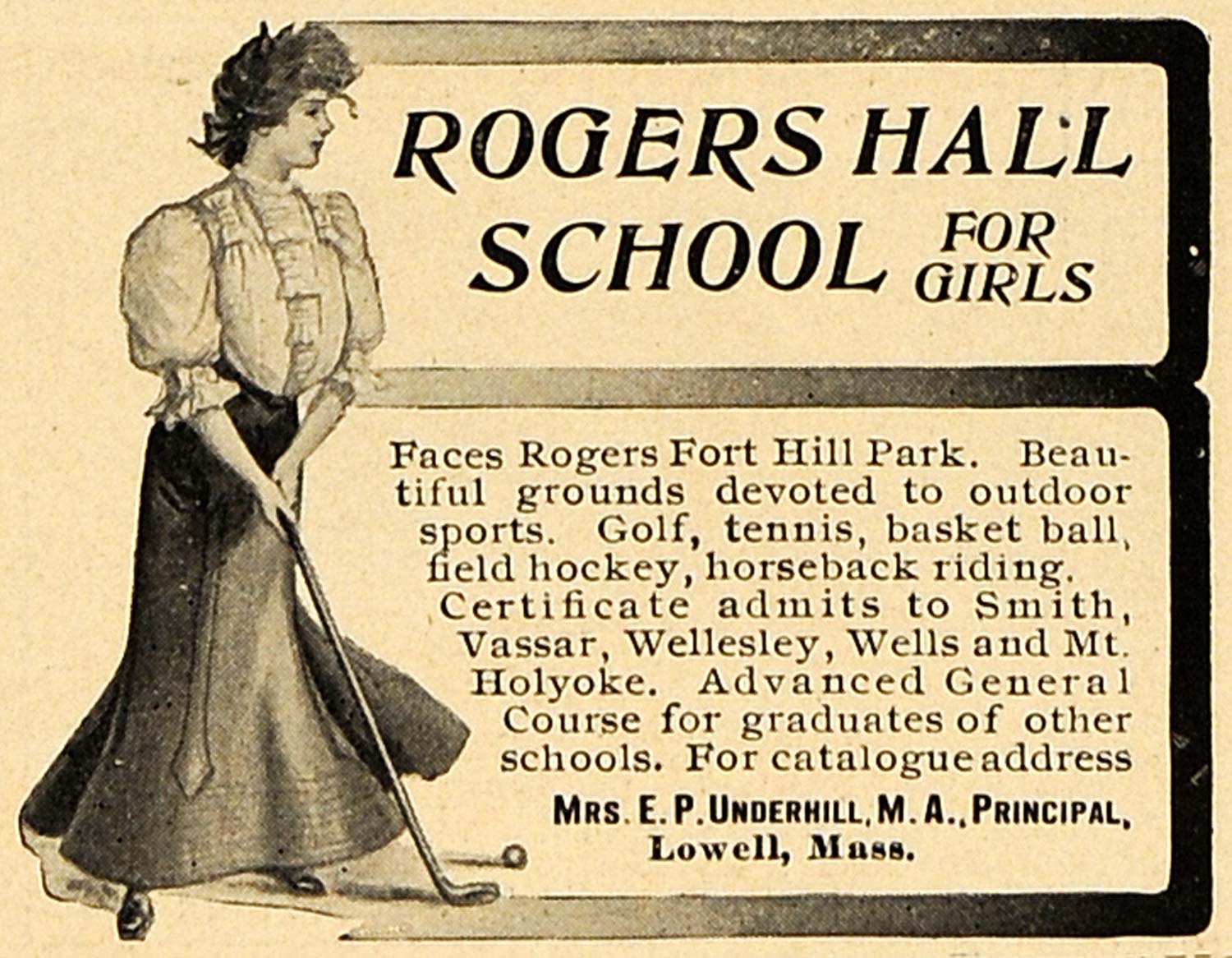 1906 Ad Rogers Hall School Girls Golfing Massachusetts - ORIGINAL CL9