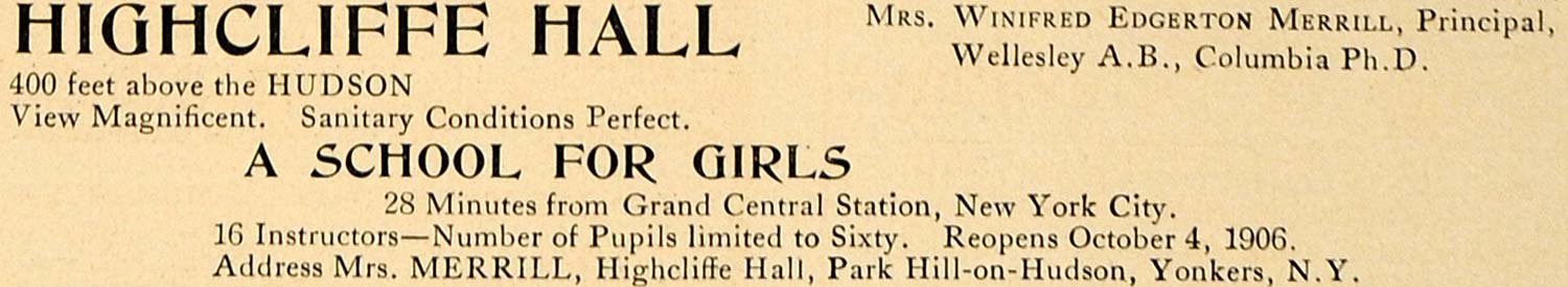 1906 Ad Highcliffe Hall School for Girls Yonkers NY - ORIGINAL ADVERTISING CL9