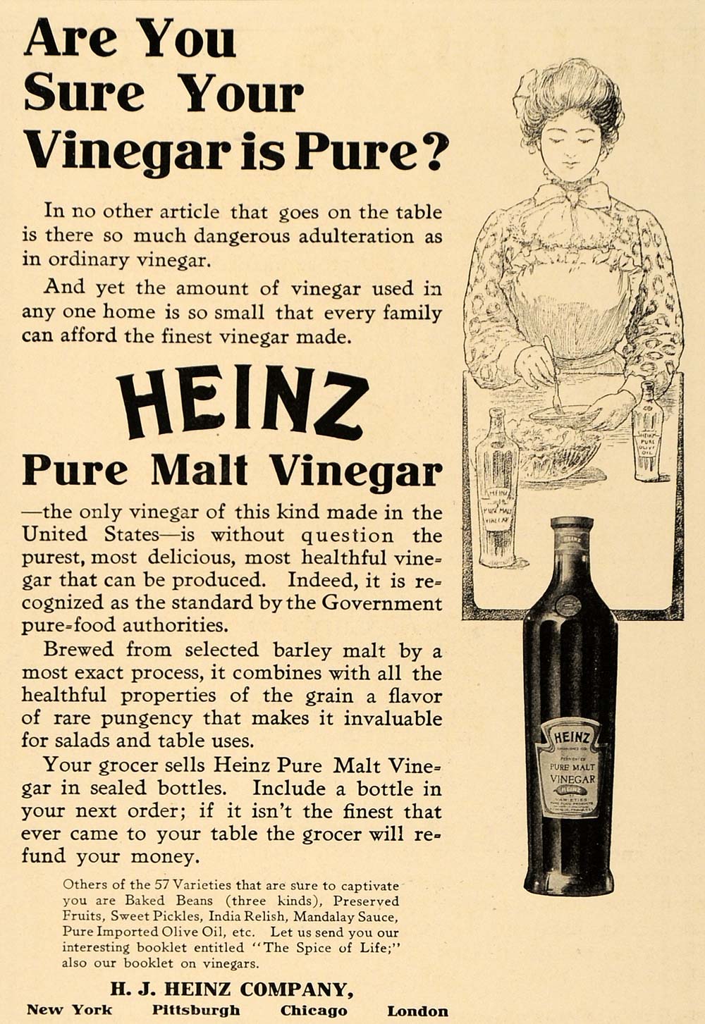 1906 Ad Heinz Pure Malt Vinegar Food Condiment Salad - ORIGINAL ADVERTISING CL9