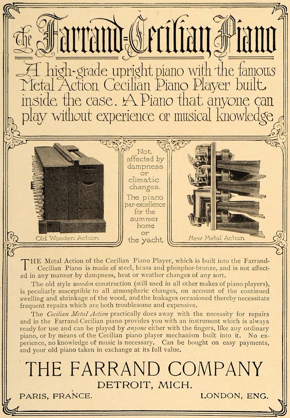 1906 Ad Farrand Metal Cecilian Piano Musical Instrument - ORIGINAL CL9