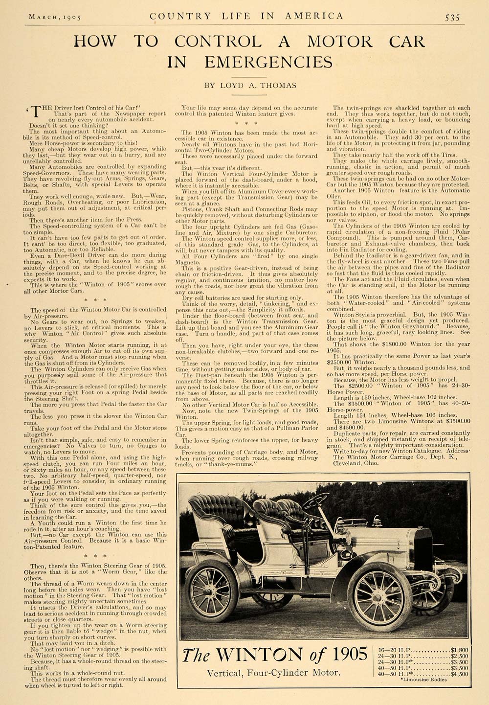 1905 Article Winton Automobile Control Car Emergencies - ORIGINAL CL9