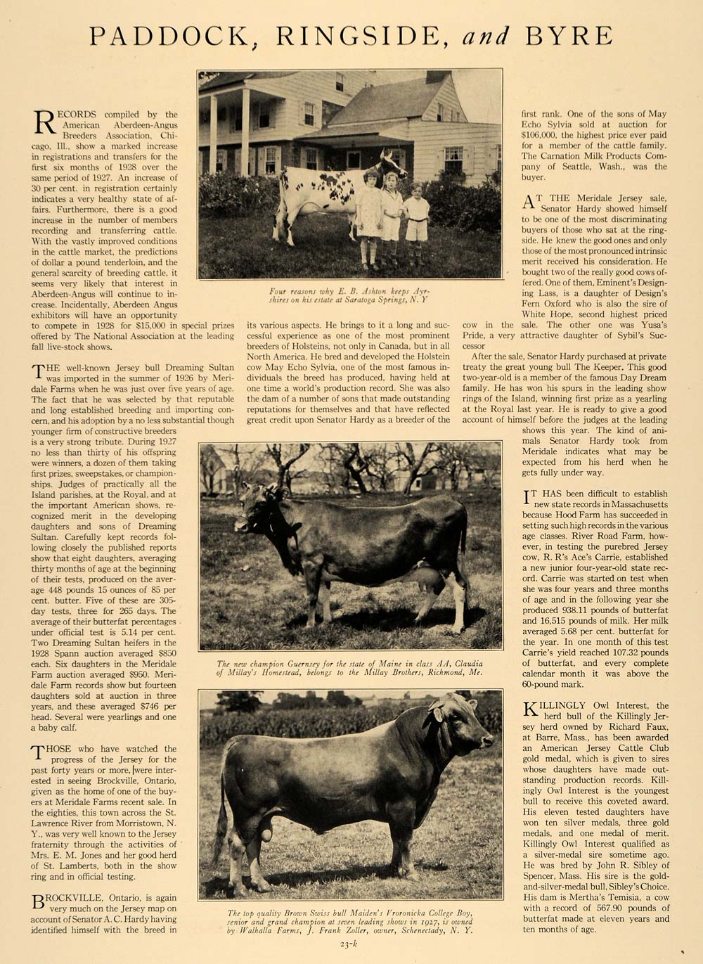 1928 Article American Notable Cows Farms Hood Meridale - ORIGINAL CL9