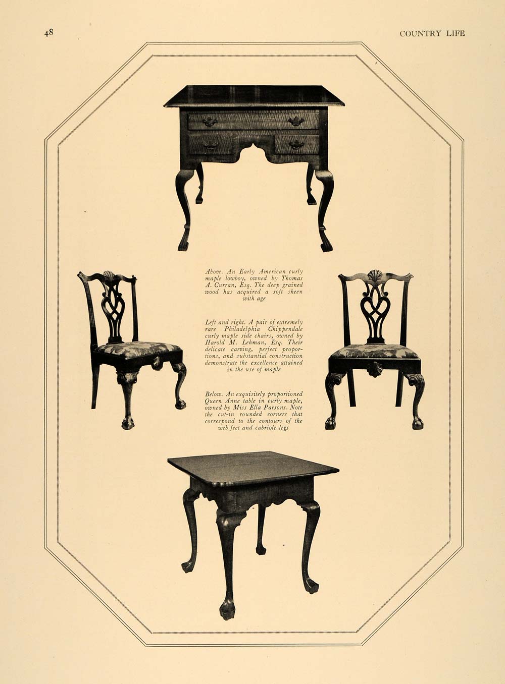 1928 Print Curly Maple Chippendale Queen Anne Furniture ORIGINAL HISTORIC CL9