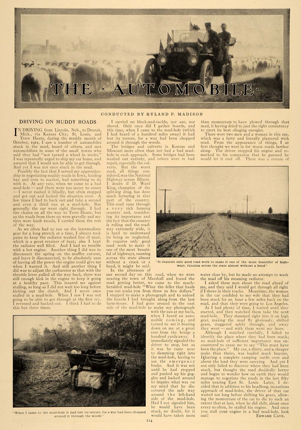 1913 Article Muddy Road Driving Antique Cars RP Maidson - ORIGINAL CL9