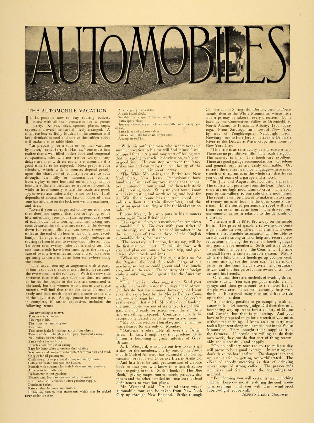 1907 Article Antique Automobile Vacation Alfred Goodwin - ORIGINAL CL9