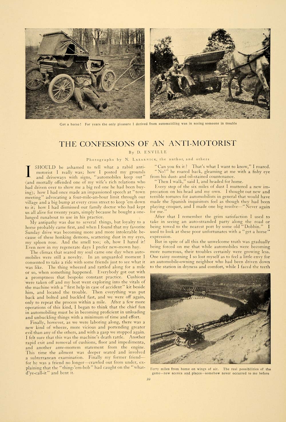 1907 Article Anti Motorist Confessions Antique Cars D. Enville N. Lazarnick CLA1