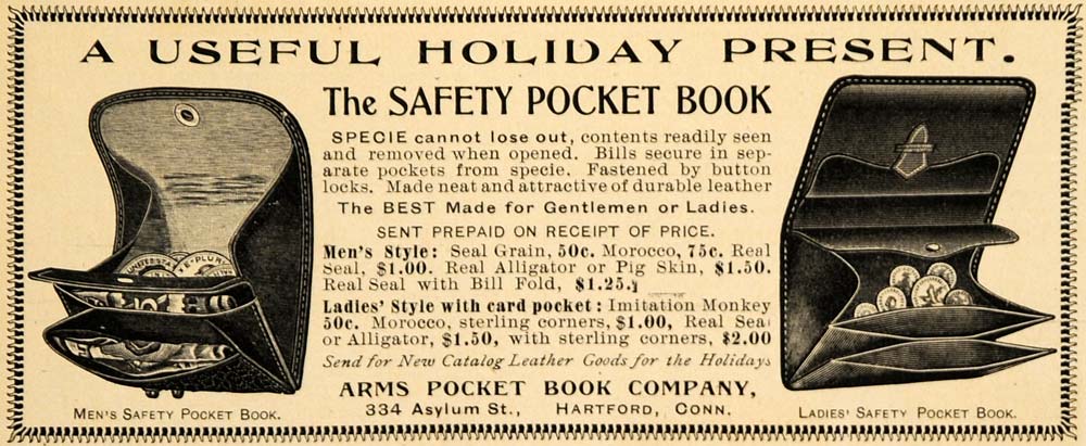 1899 Ad Safety Arm Pocket Book Change Purse Present 334 Asylum St Harford Ct CM1