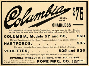 1899 Ad Columbia Bevel Gear Chainless Bicycle Pope Vedettes Hartfords CM1