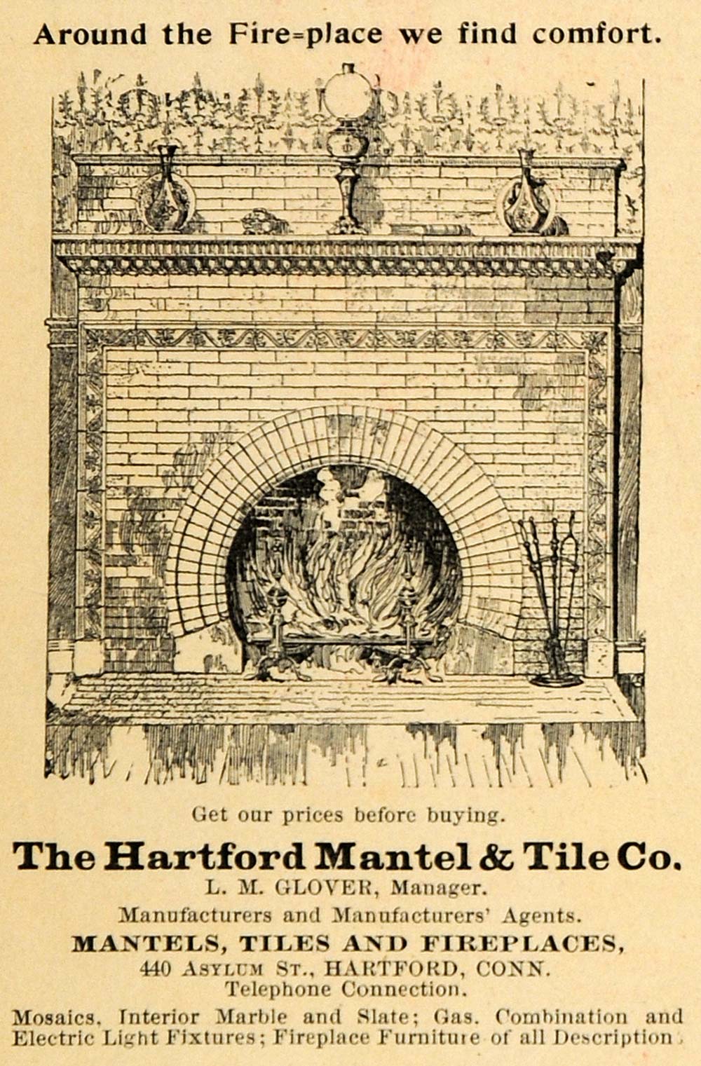 1899 Ad Hartford Mantel Tile Fireplaces LM Glover Lamp 440 Asylum St CM1