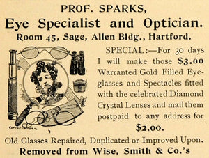 1899 Ad Prof Sparks Diamond Lens Wise Smith Glasses Spectacles Gold Crystal CM1