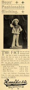 1899 Ad Rennacker Boys Clothing Sailor Outfit Fashion Suit Coat Reefers Cap CM1