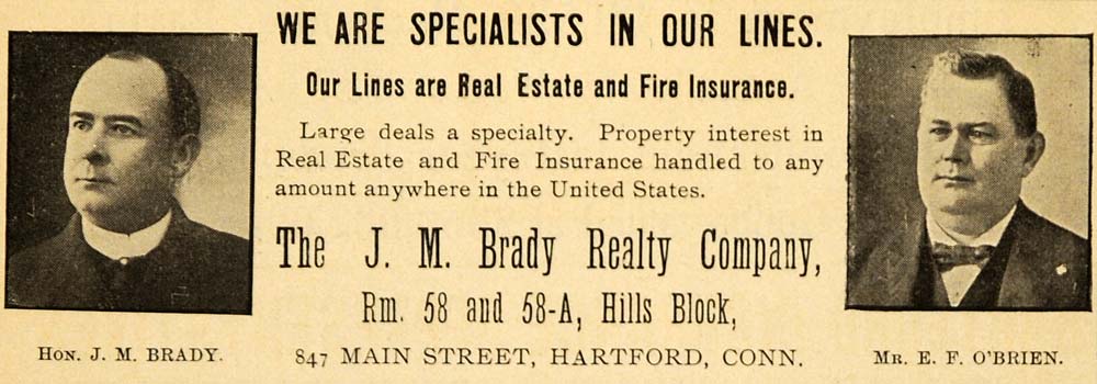 1908 Ad J M Brady Realty E F O'Brean 847 Main St Hartford Ct Property CM1
