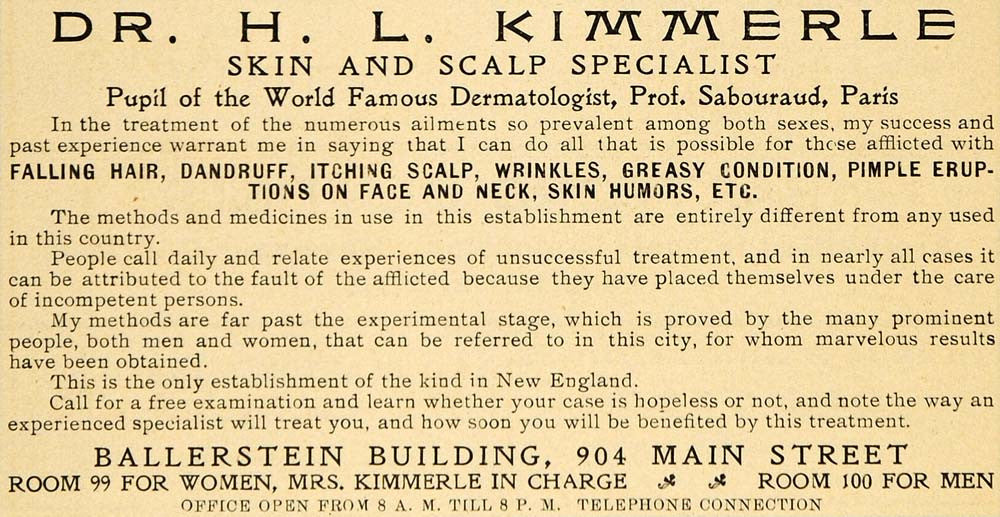 1908 Ad Dr H L Kimmerle Prof Sabouraud Skin Scalp Wrinkles Face Ballerstein CM1 - Period Paper

