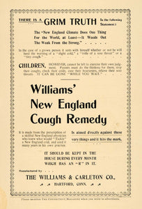 1899 Ad Williams Carleton New England Cough Cold Remedy Medical Hartford Ct CM1