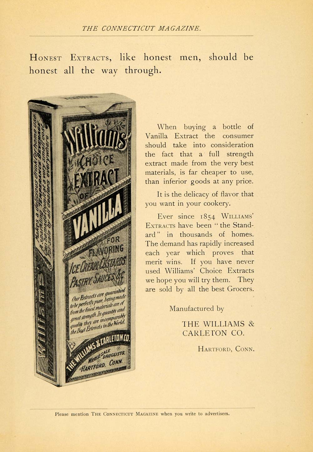 1899 Ad Vanilla Extract Williams Carleton Spice Cook Grocery Hartford Ct Box CM1