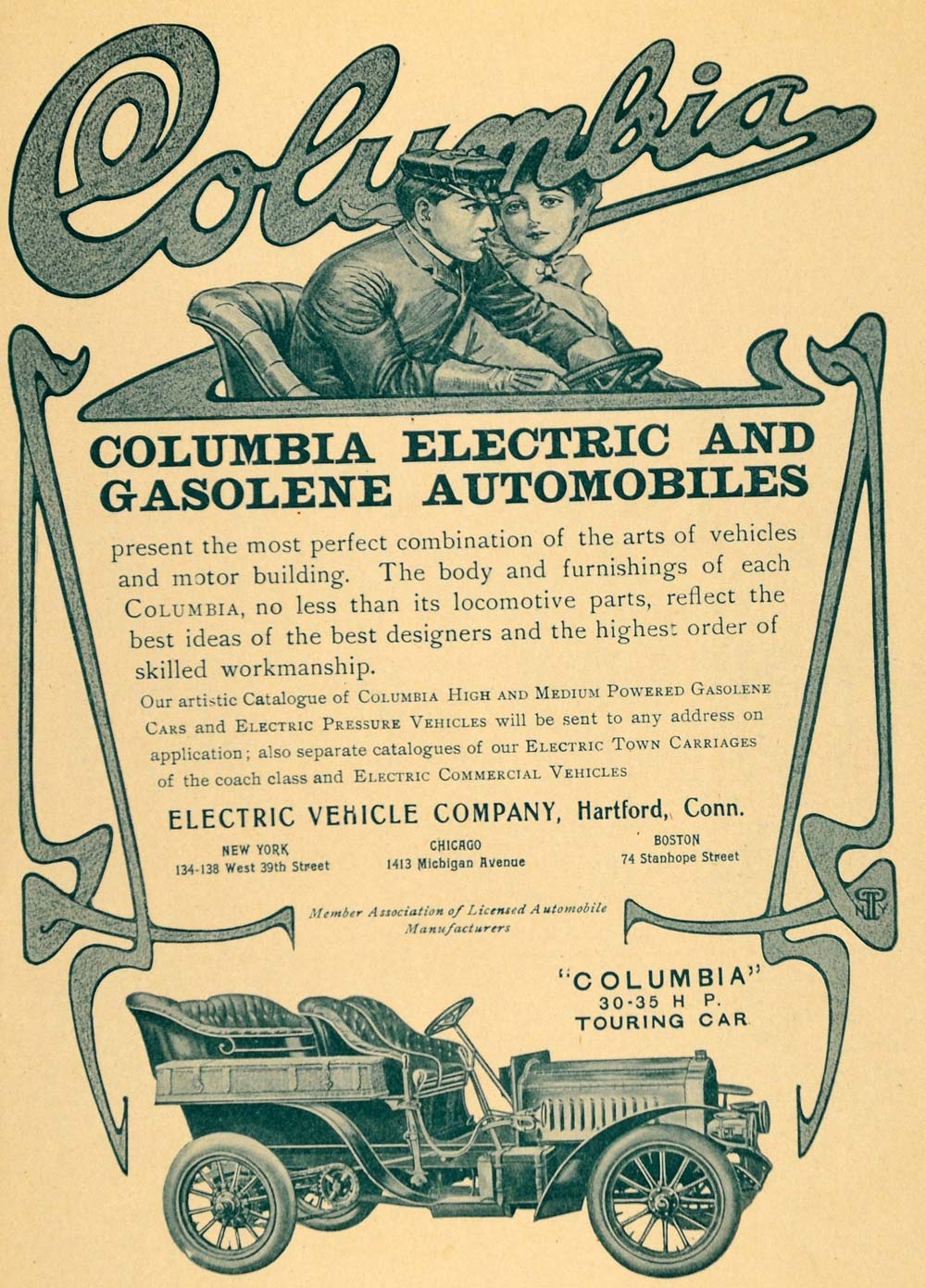1904 Ad Columbia Touring Motor Car Electric Gas Automobiles Hartford Ct CM1