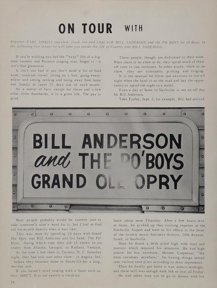1967 Article Bill Anderson Portrait Country Music Tour Po' Boys Earl Simkins CML