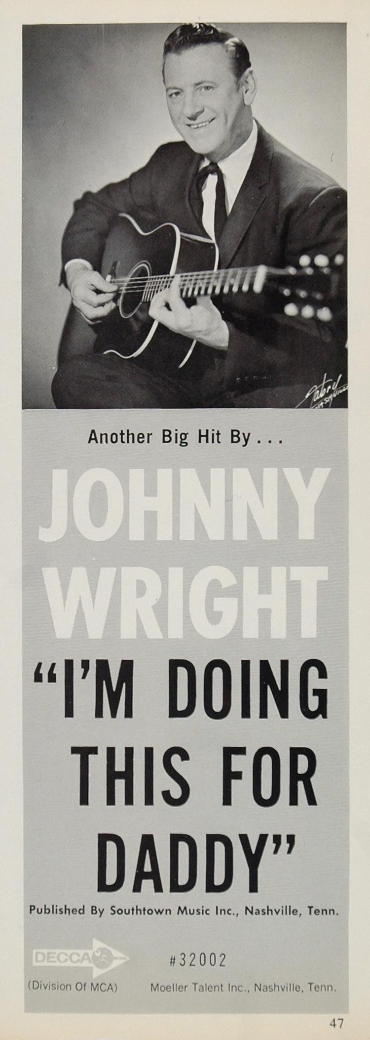 1967 Ad Johnny Wright Southtown Music Decca Nashville - ORIGINAL ADVERTISING CML