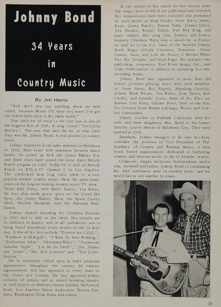 1967 Article Johnny Bond Country Music Columbia Records - ORIGINAL CML
