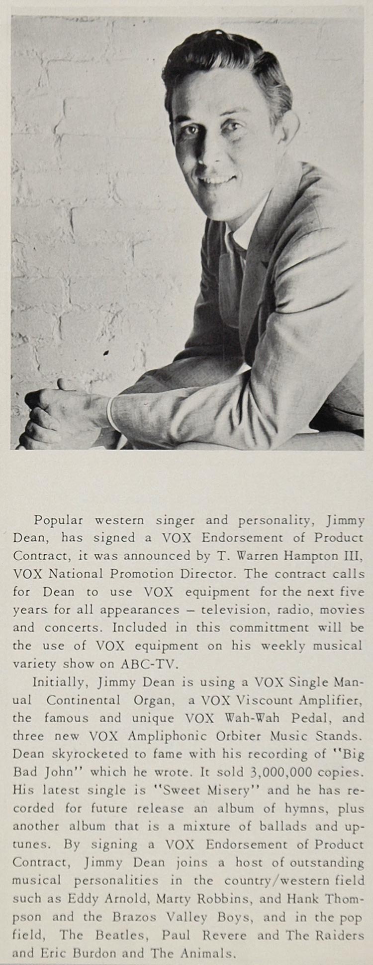 1968 Print Jimmy Dean Country Western Music Singer Star ORIGINAL HISTORIC CML