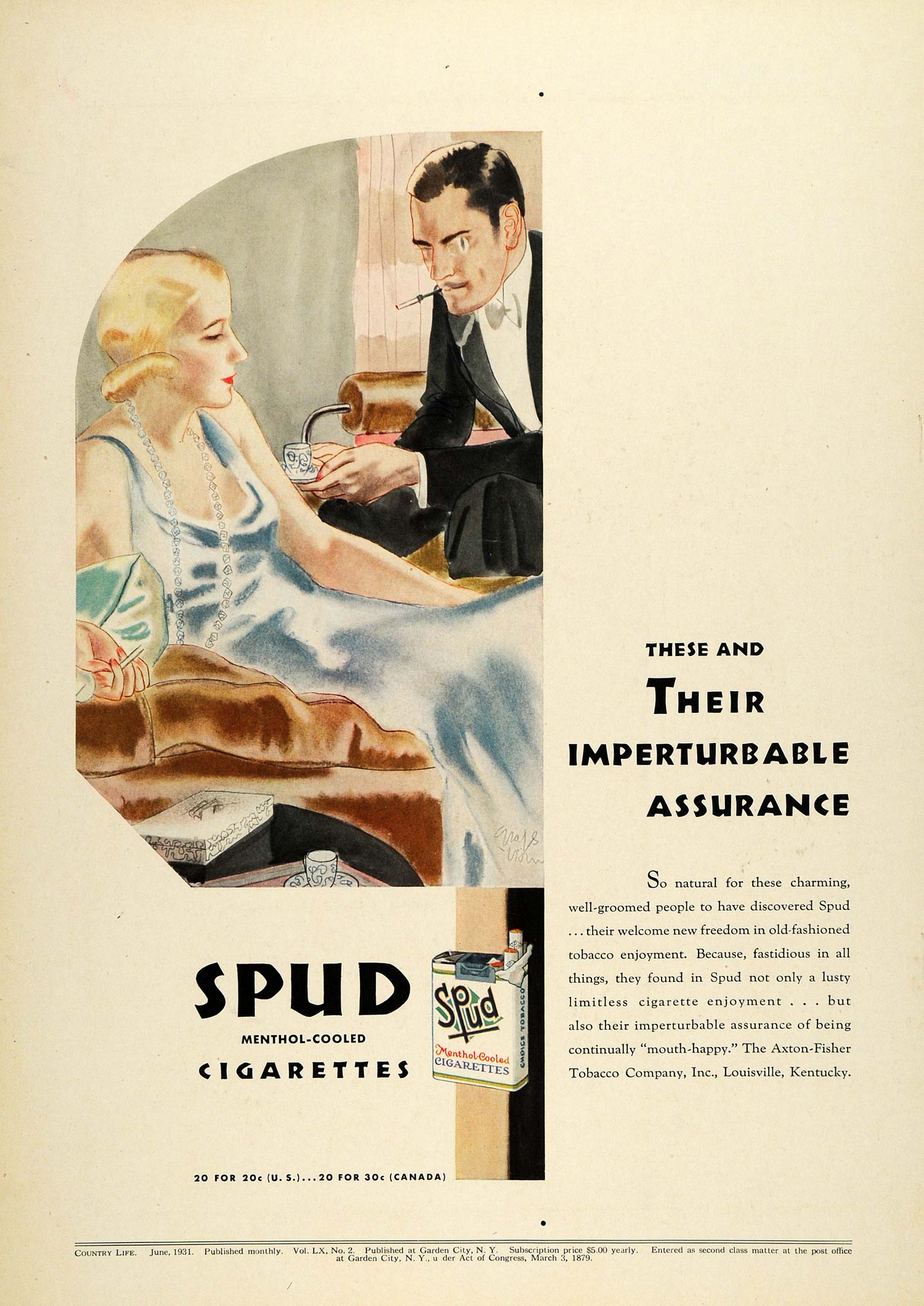 1931 Ad Spud Menthol Cigarettes Axton Fisher Tobacco Black Tie Affair COL2