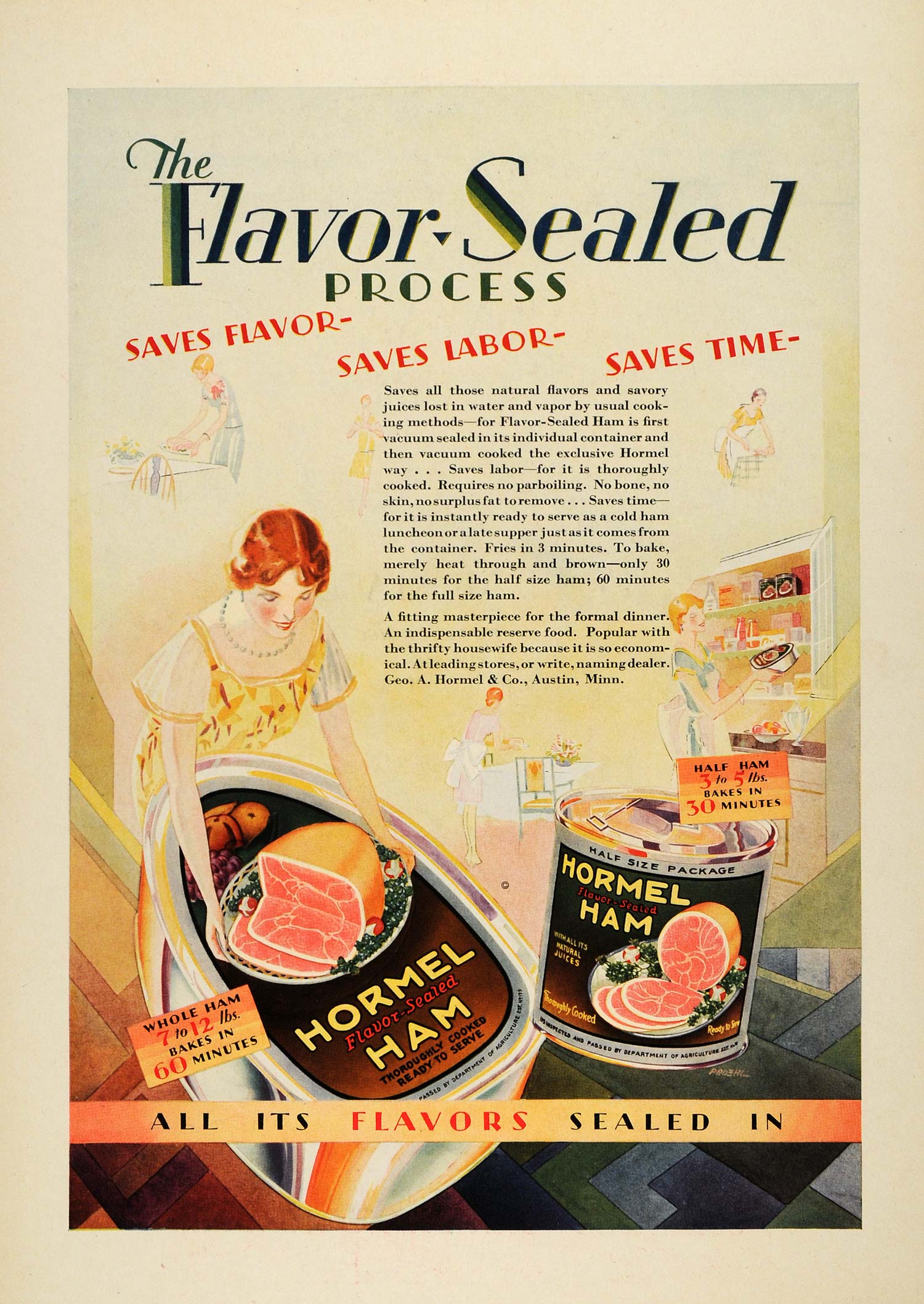 1929 Ad Flavor Sealed Tin Canned George A. Hormel Ham Housewife Austin COL2