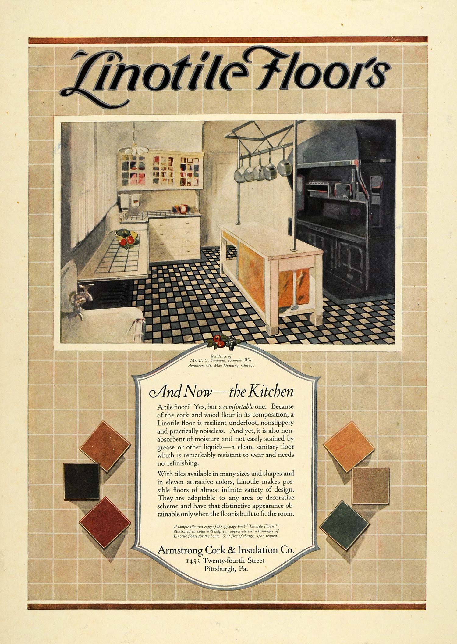 1923 Ad Armstrong Cork Insulation Kitchen Tile Z. G. Simmons Home Kenosha COL2