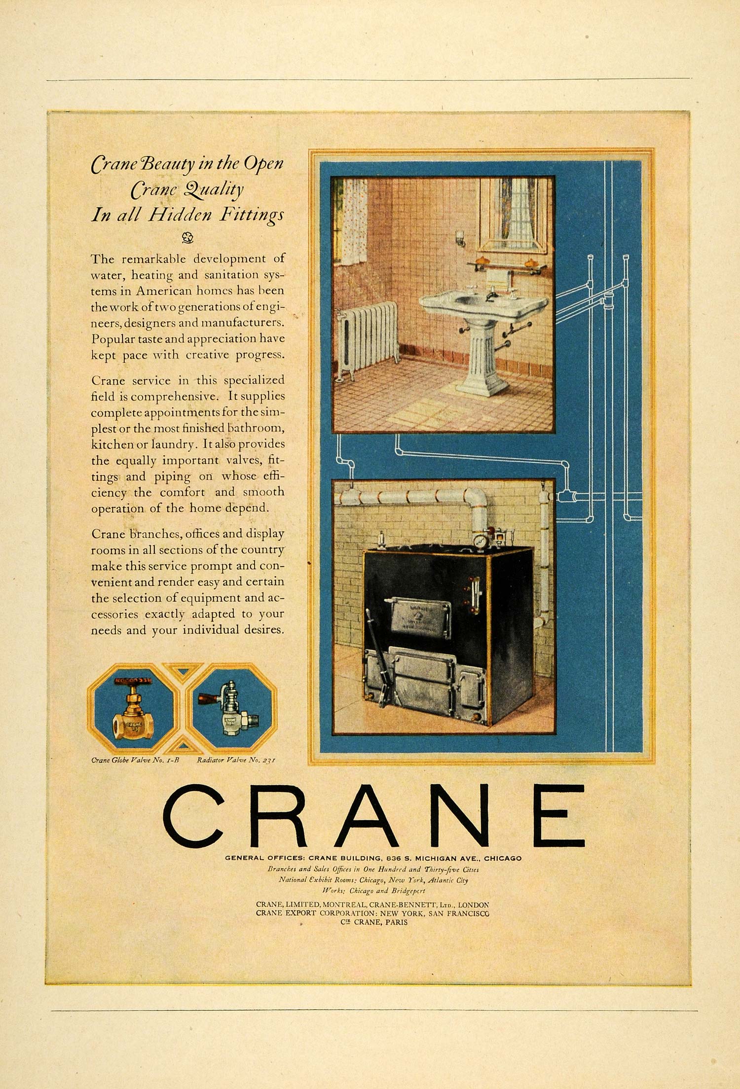 1923 Ad Crane Piping Plumbing Fixtures Home Radiator Valves Household COL2
