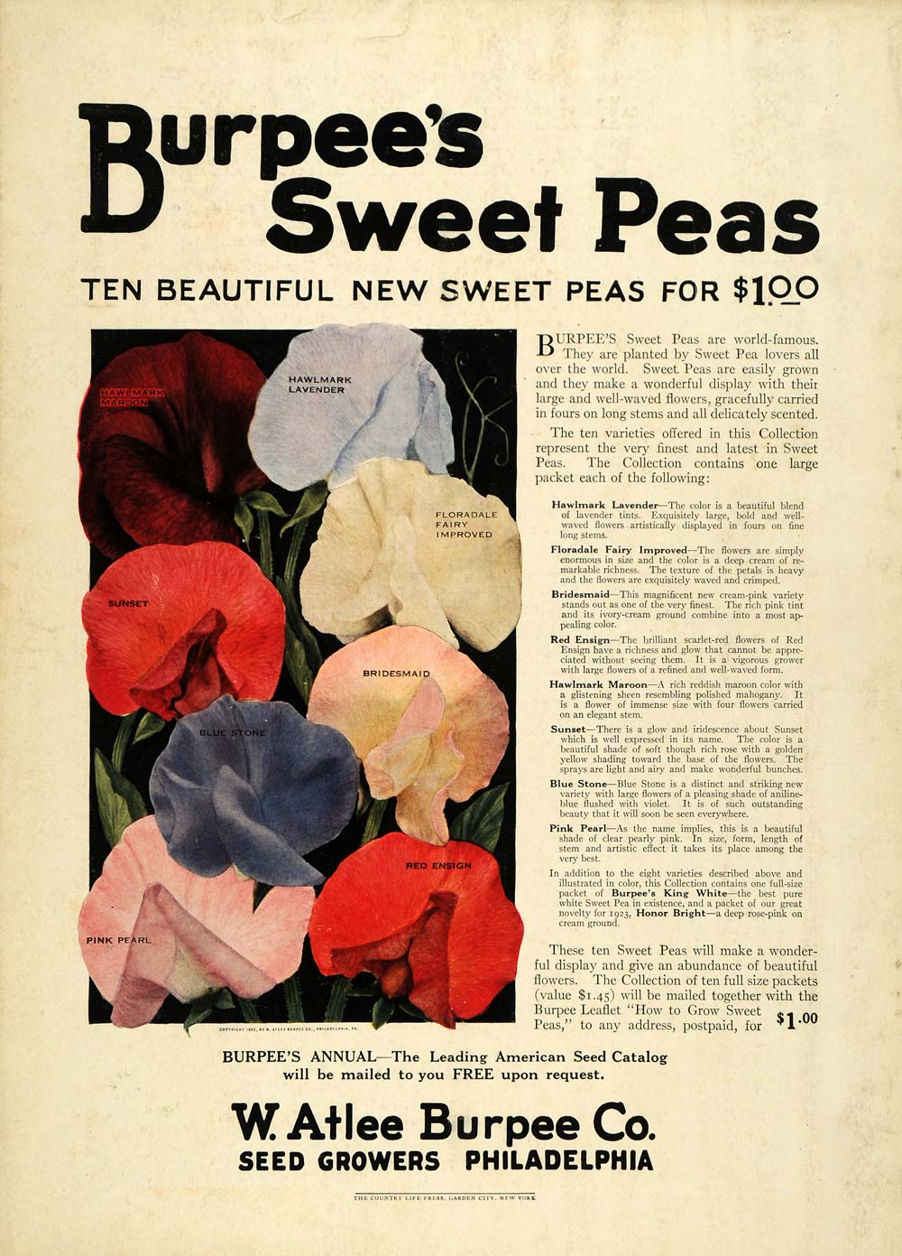1923 Ad W. Atlee Burpee Sweet Peas Flowers Planting Gardening Seeds Floral COL2