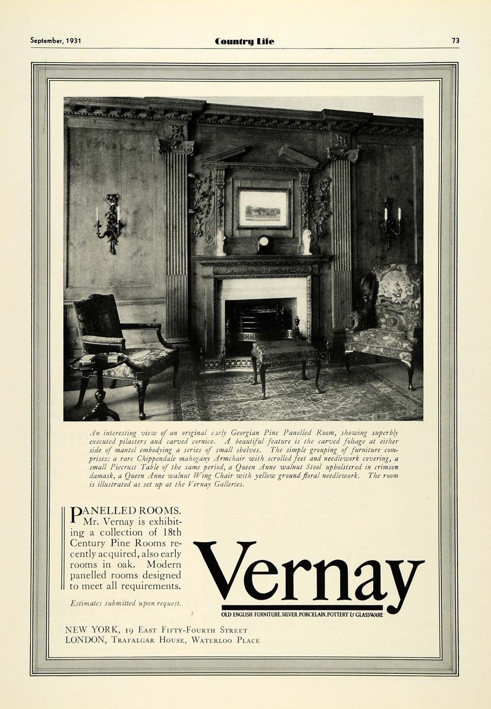 1931 Ad Vernay Old English Furniture Furnishings Georgian Chippendale Queen COL2