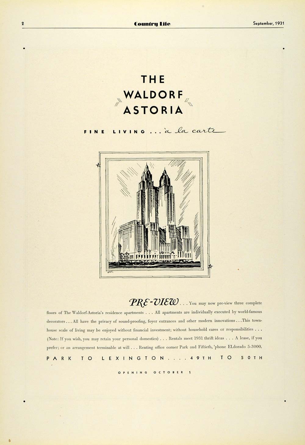 1931 Ad Waldorf Astoria Residence Apartments Hotel Housing New York Lodging COL2