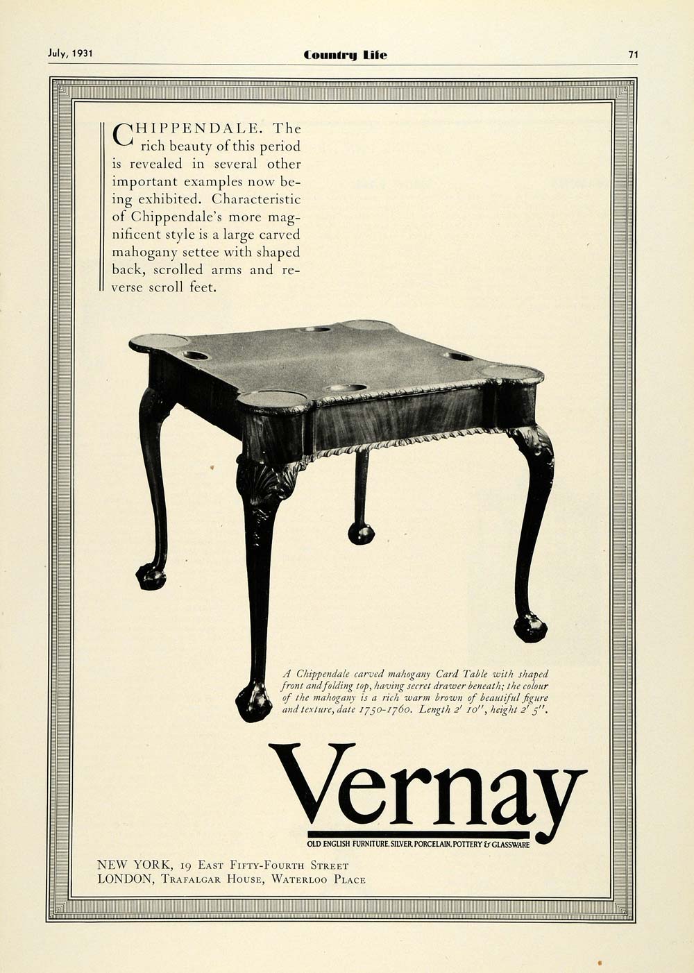 1931 Ad Vernay Chippendale Mahogany Card Table Home Furniture Period COL2