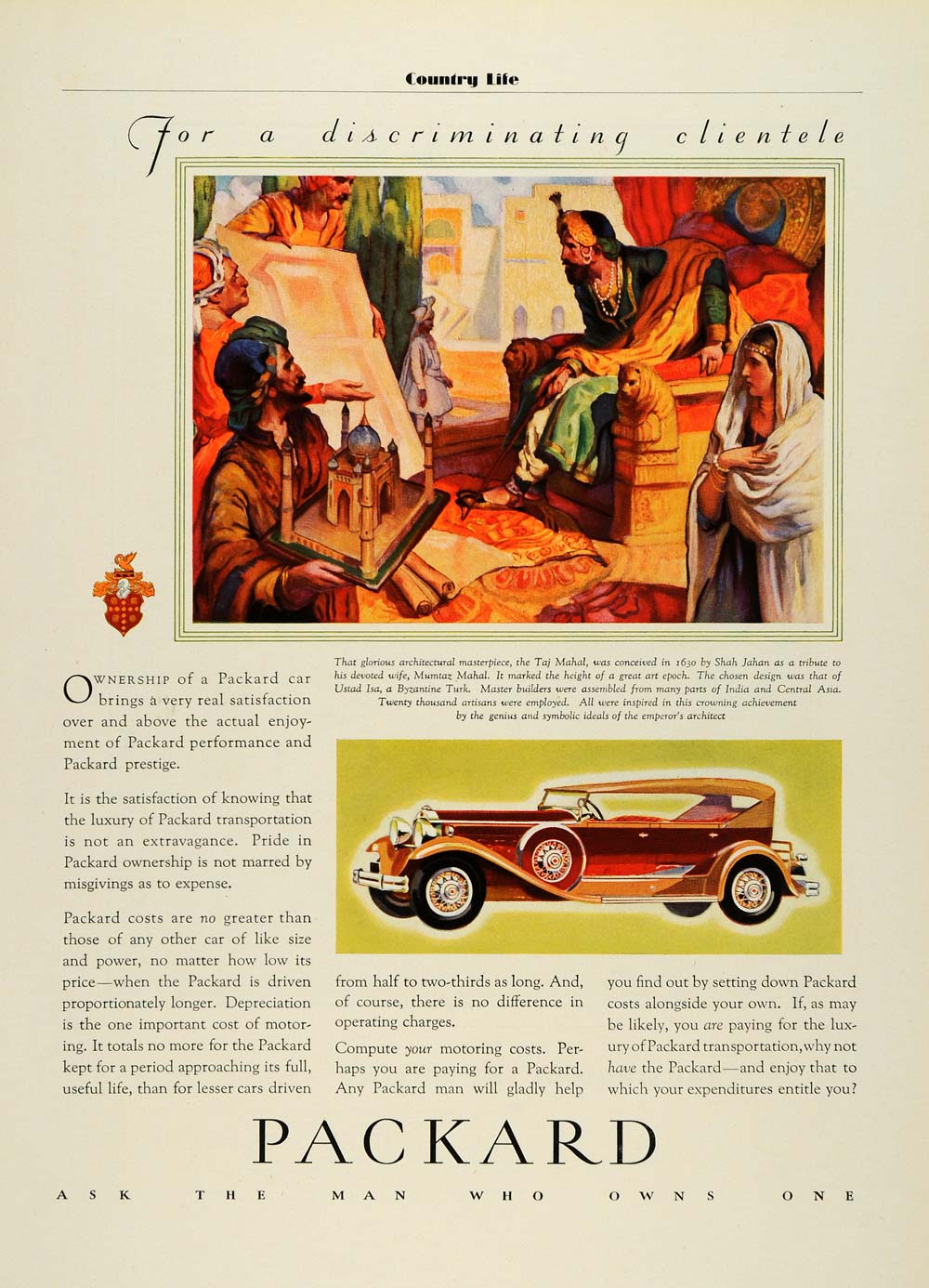 1931 Ad Antique Packard Automobile Byzantine Taj Mahal Shah Jahan COL2