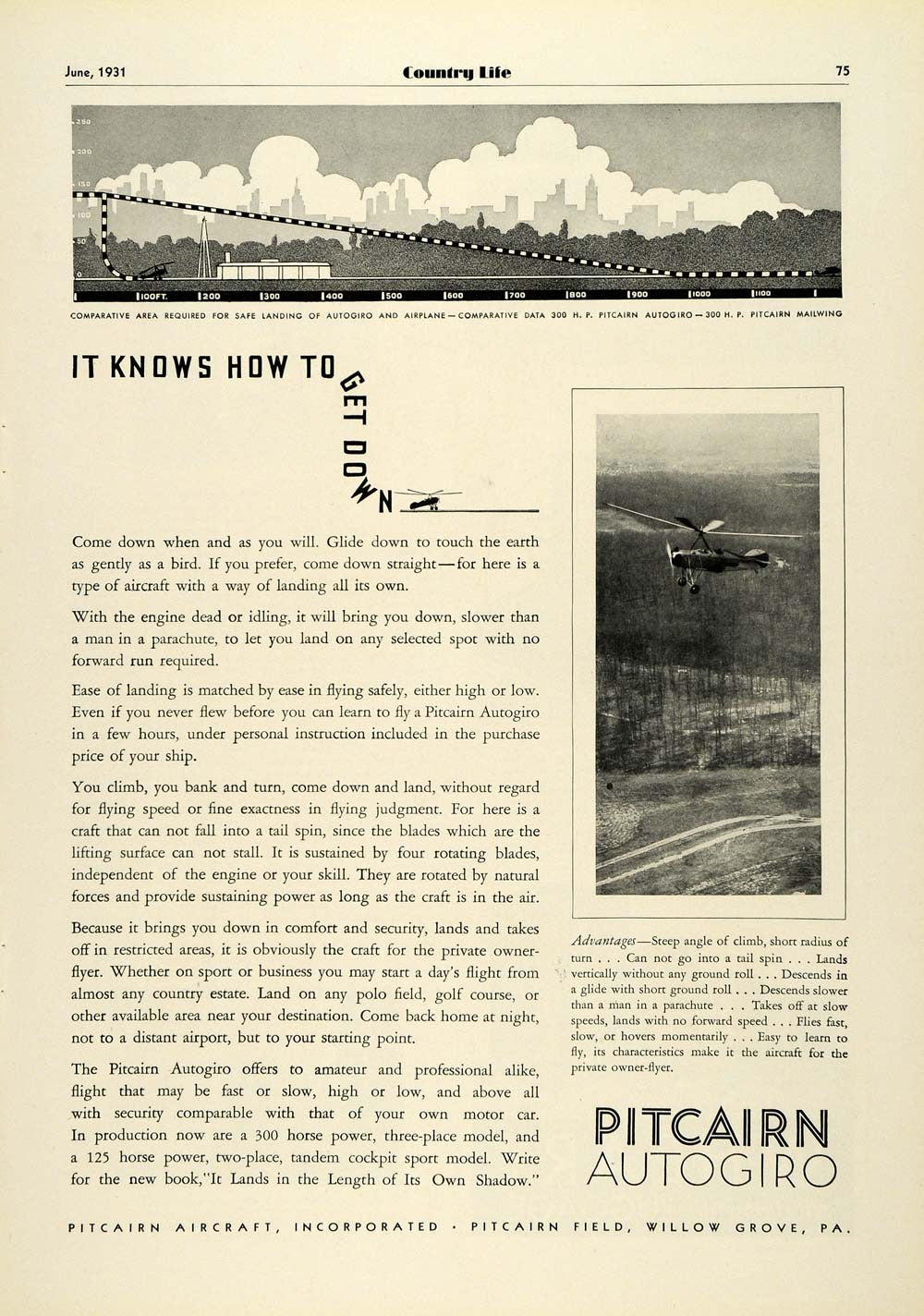 1931 Ad Pitcairn Autogiro Private Airplane Aircraft Pilot Aviation Flight COL2 - Period Paper
