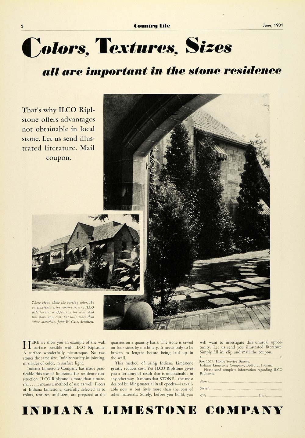 1931 Ad Indiana Limestone Construction John Case Architecture Building COL2