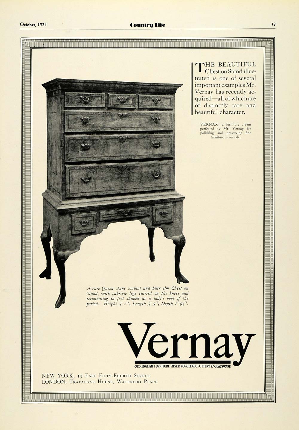 1931 Ad Vernay Queen Anne Walnut Chest Cabriole Legs Furniture Home COL2