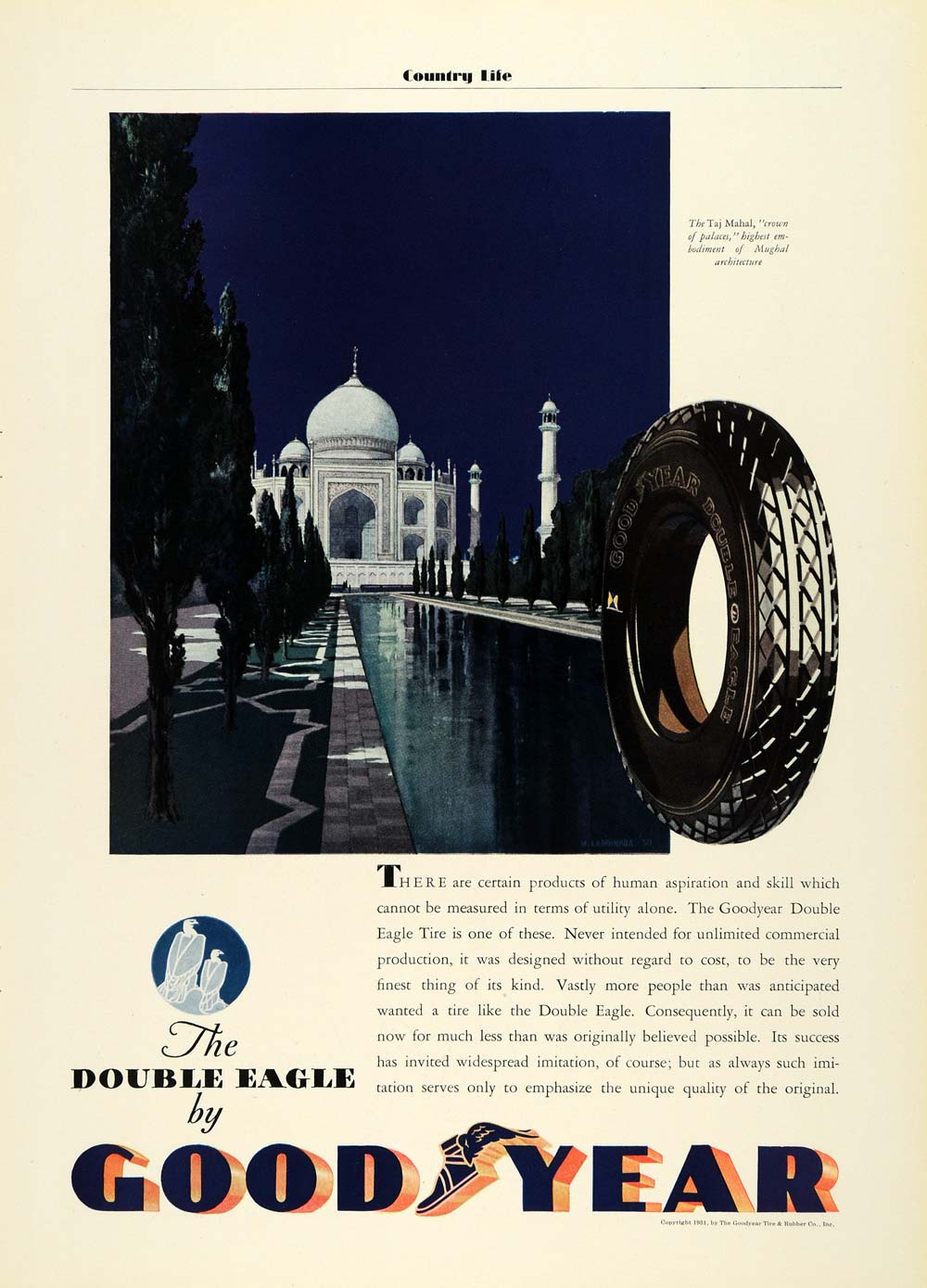 1931 Ad Goodyear Double Eagle Rubber Tires Taj Majal Mughal Palace COL2
