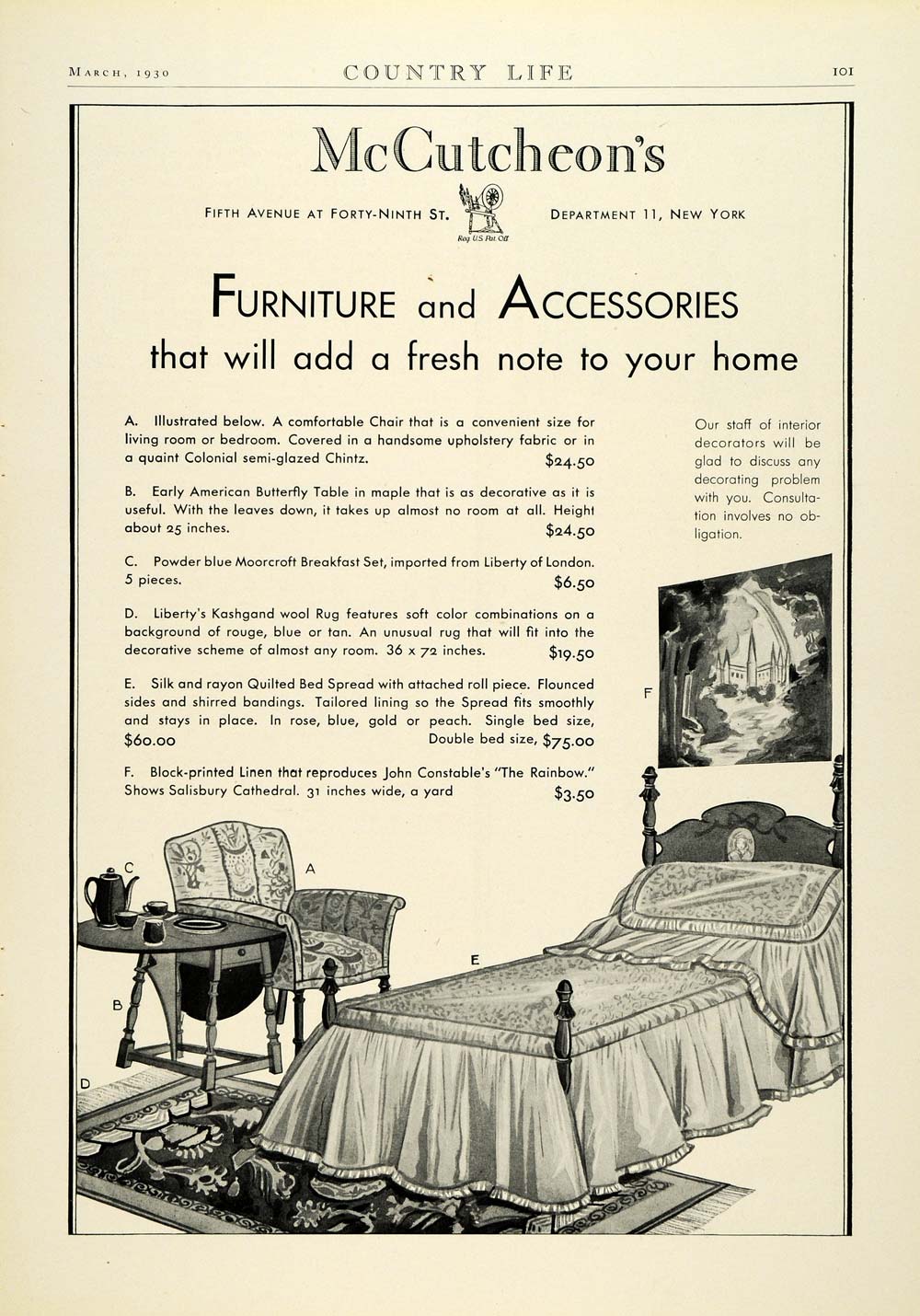 1930 Ad McCutcheon Furniture Home Furnishings Bedroom New York Department COL2