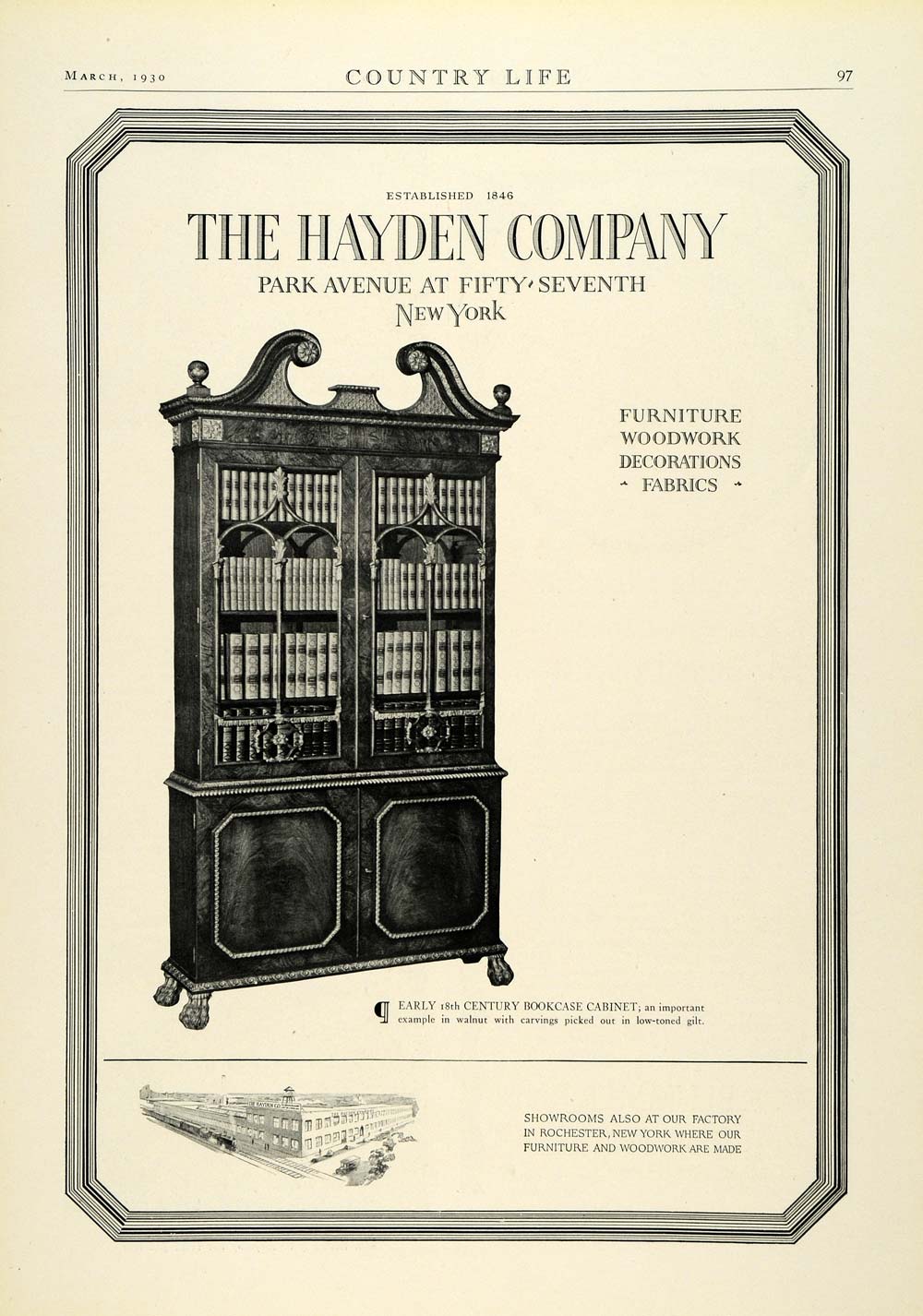 1930 Ad Hayden Furniture Woodwork Bookcase Fabric Household Decor COL2