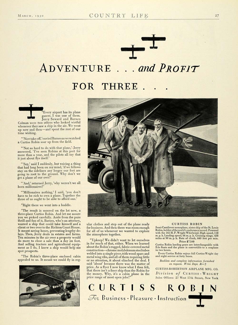 1930 Ad Curtiss Robin Semi Cantilever Monoplane Pilot Jerry Seward Barnes COL2