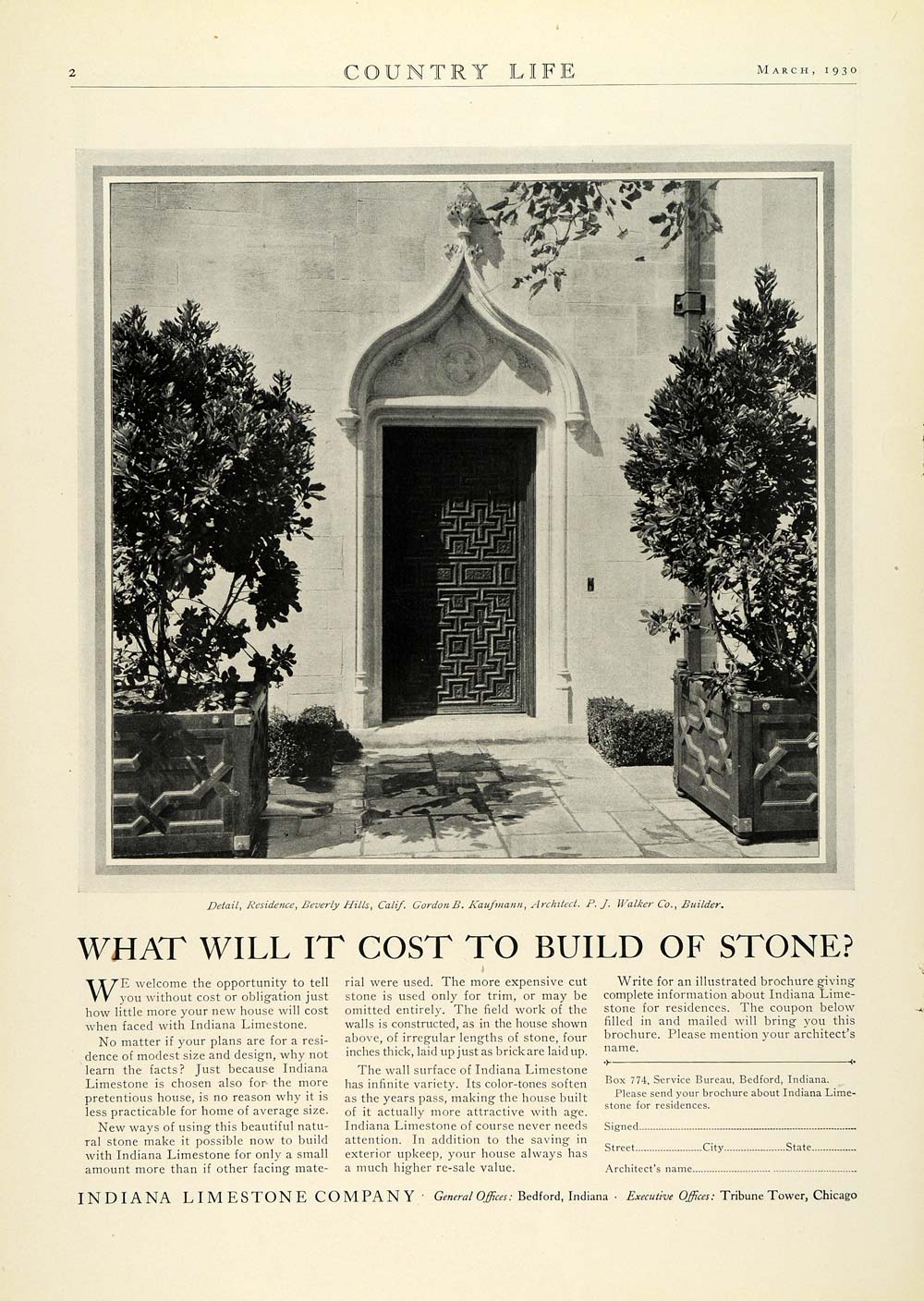 1930 Ad Indiana Limestone Construction Gordon B. Kaufmann Home Beverly COL2