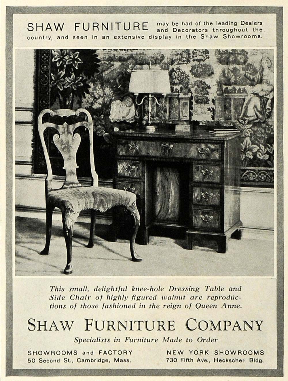 1931 Ad Shaw Furniture Queen Anne Walnut Knee Hole Dressing Table Side COL2