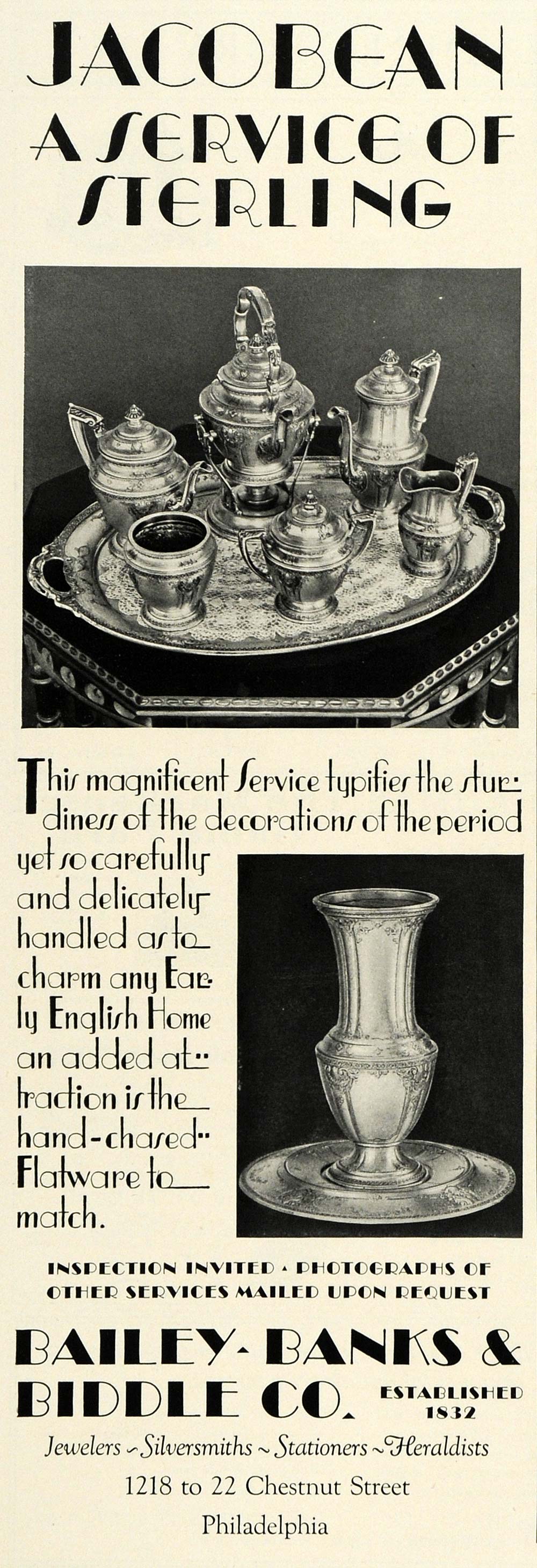 1930 Ad Bailey Banks Biddle Jacobean Period Sterling Silver Tea Set COL2