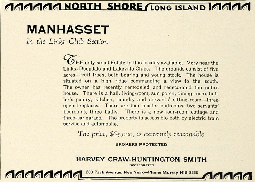 1930 Ad Harvey Craw Huntington Smith Manhasset Long Island Real Estate COL2